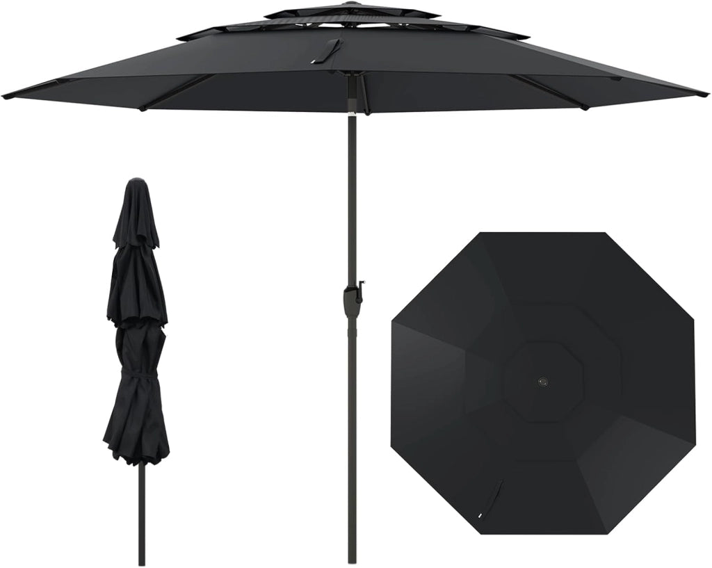 Ombrellone da Giardino 300 cm, Ombrellone Esterno con Inclinazione Regolabile, Ombrellone a 3 Livelli con Manovella 8 Stecche, per Giardino Piscina Cortile (Marrone)