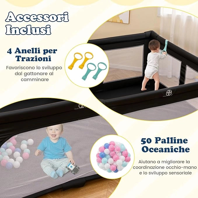 Box per Bambini 150 x 150 cm, Recinto per Bambini Pieghevole in Tessuto Oxford con Rete Traspirante, Box con Giochi che Include 50 Palline, 4 Pezzi Anelli e Borsa (Nero, 150 x 150 cm)