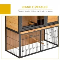 Gabbia per Conigli con Rampa e Area Aperta, Conigliera in Legno e Metallo su 2 Livelli, Giallo Chiaro, 89.5x45x81cm
