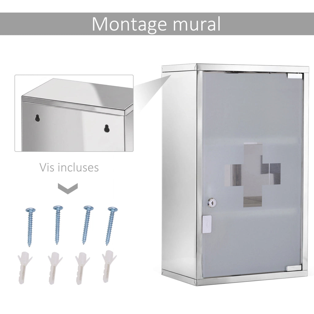 Armadietto da muro 3 ripiani in acciaio inossidabile con porta a vetro e serratura ¨C zephmum ¨C grigio