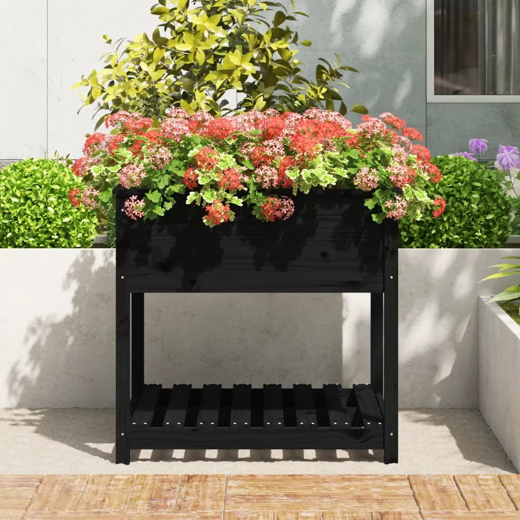 Fioriera con Mensola-Vaso con Ripiano-Contenitore per Piante Nera 82,5x82,5x81cm Legno Massello di Pino