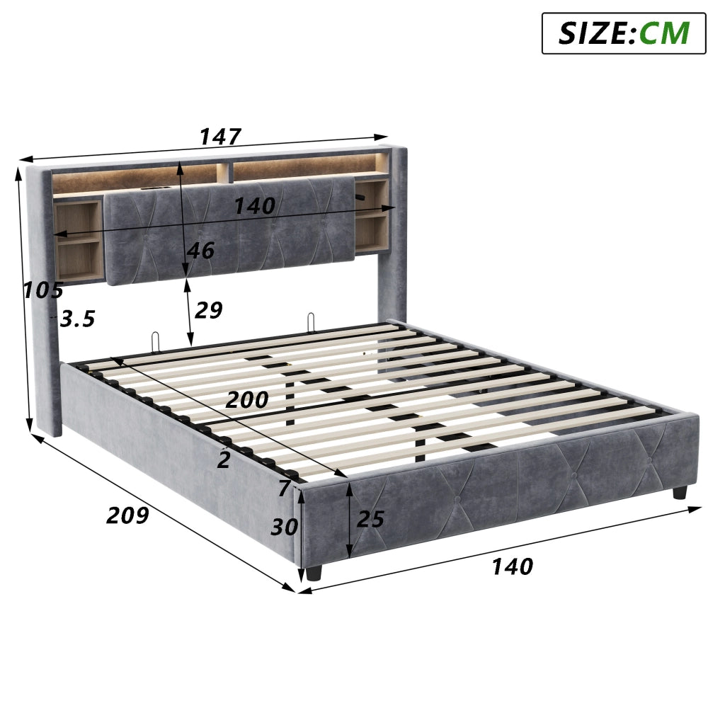 Letto imbottito grigio 140×200 cm, testiera contenitiva multilivello, USB‑C, LED con telecomando, base letto vano idraulico salvaspazio