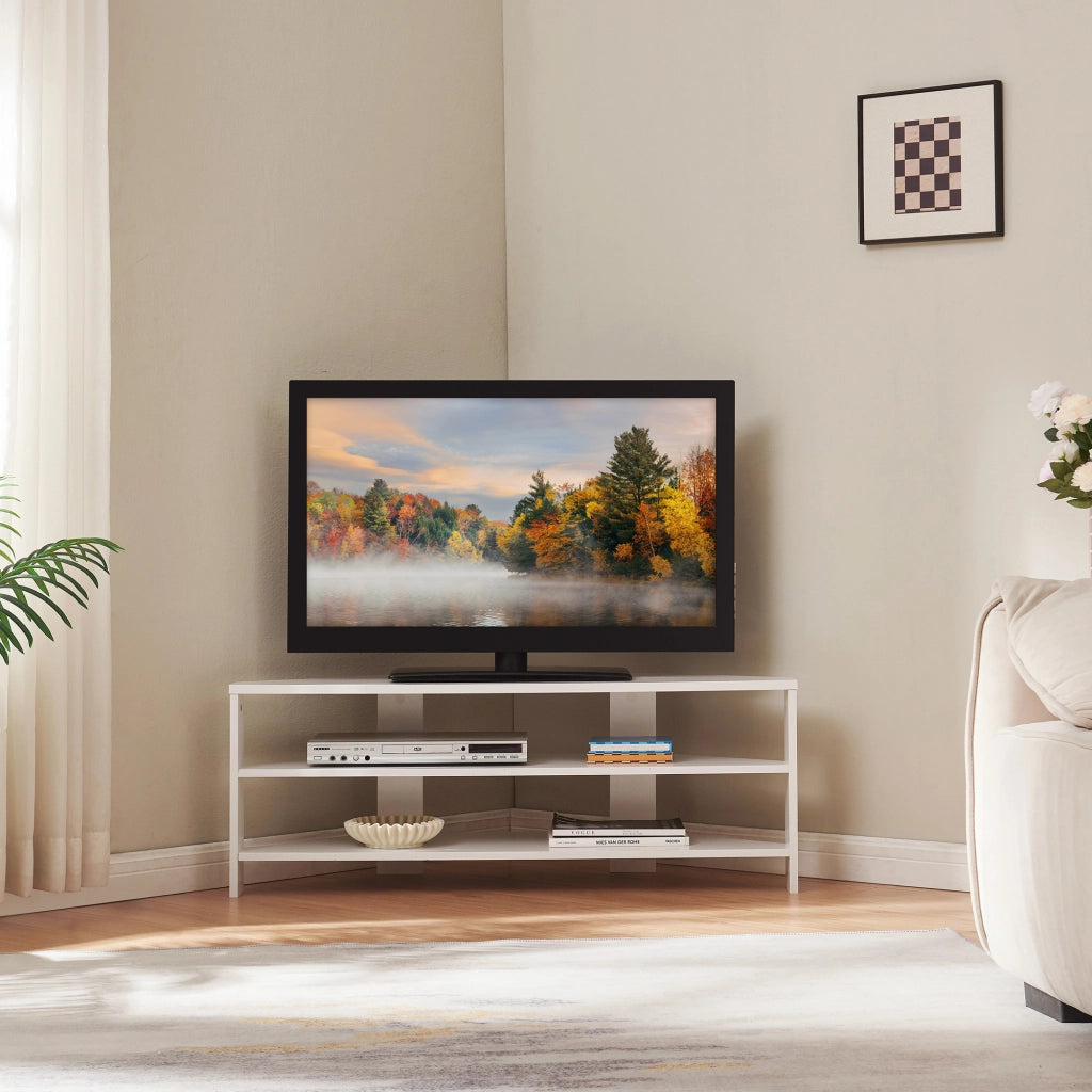 Mobile Porta TV Berg con 2 Ripiani Espositore Angolare 110 x 36 x 42 cm - Bianco [en.casa]