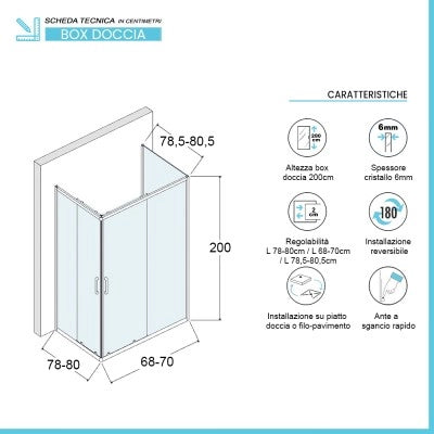 Box doccia 80x70x80 cm con doppio scorrevole trasparente H 200 cm Ted
