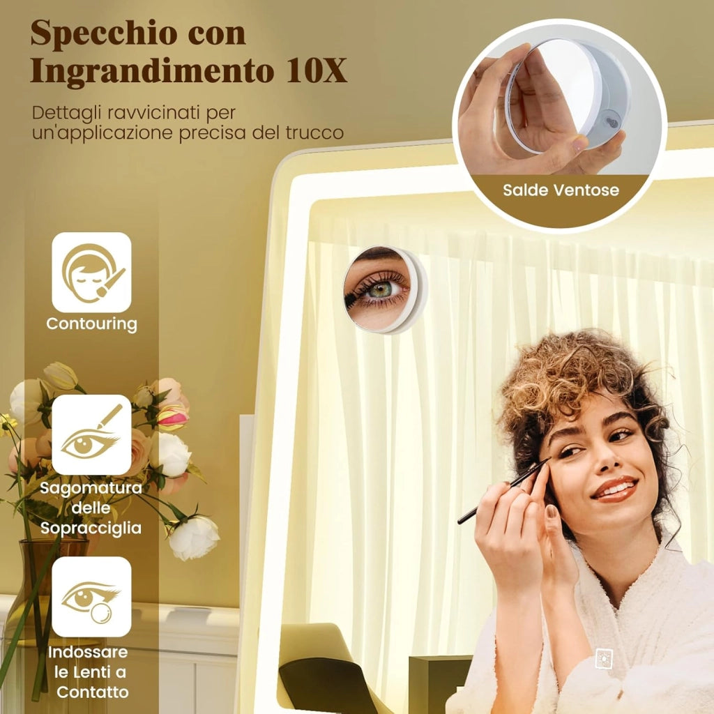 Speechio da Trucco con Luci Regolabile in Luminosità e a 3 Colori, Specchio da Tavolo con Specchio Ingrendimento 10X, Specchio da Trucco a Rotazione, 80 x 55 cm, Bianco