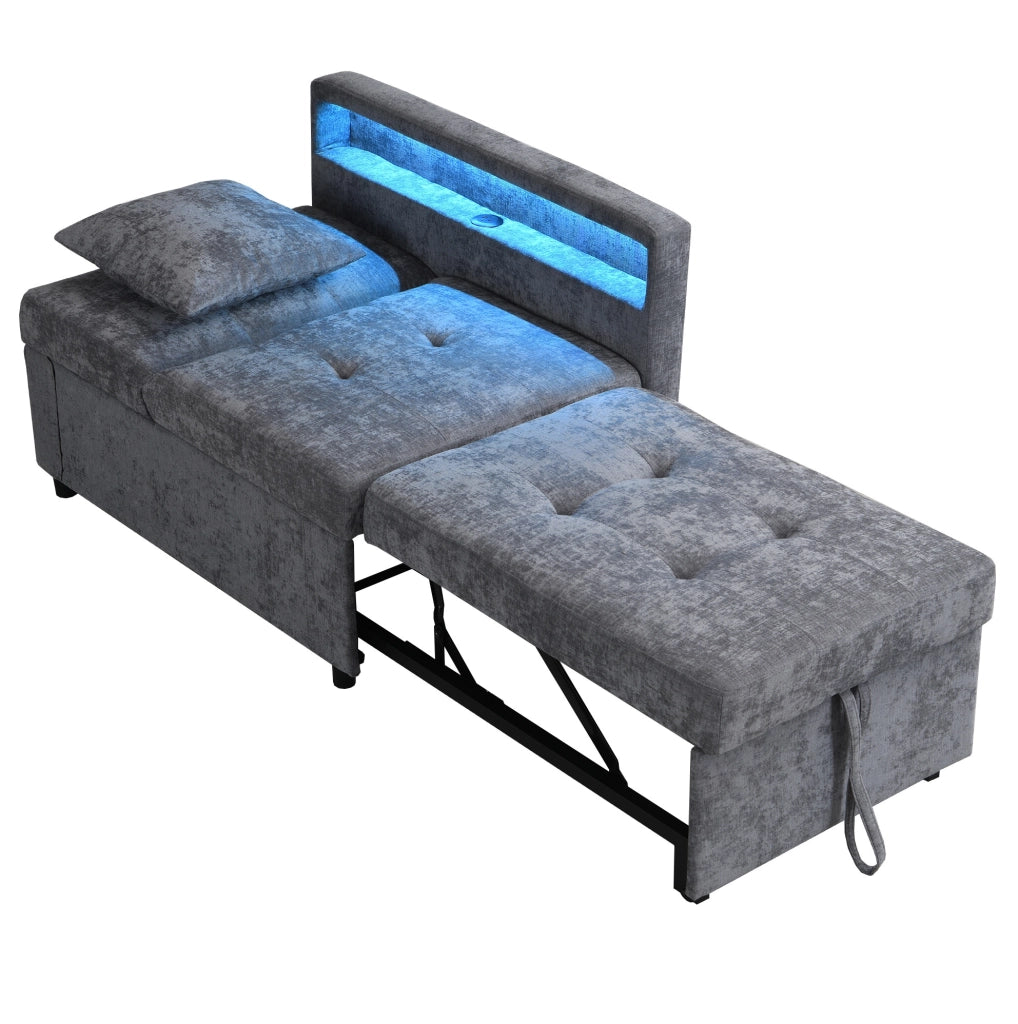Divano letto 3 in 1 con schienale reclinabile; USB e LED; in lino; grigio chiaro