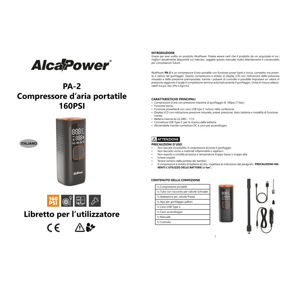 Alca power compressore 160 psi + power bank + torcia