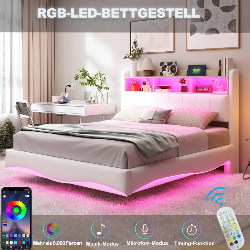 Letto imbottito sospeso 160x200 cm con LED; USB e Type-C; contenitore testiera; beige