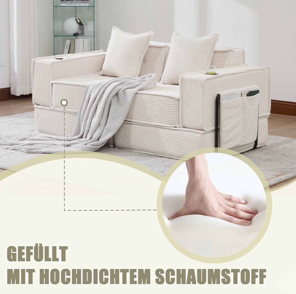 Divano pouf modulare beige in velluto a coste con 2 cuscini