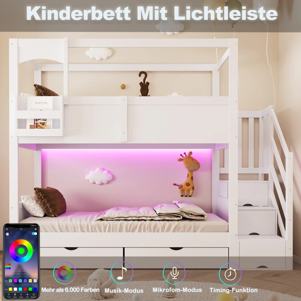 Letto a castello a casetta 90x200 cm con lavagna; 2 cassetti; mensole e scala contenitore; pino e MDF; bianco