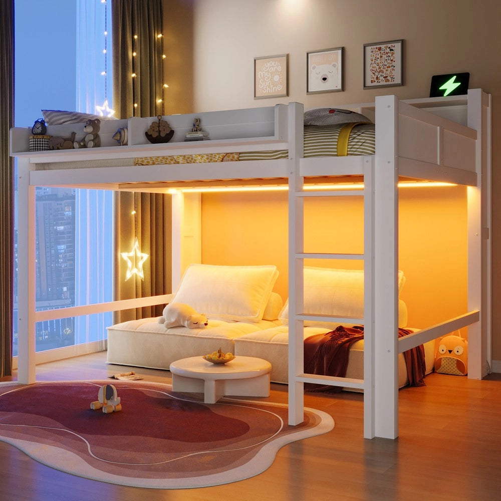 Letto a Soppalco in Legno con LED e USB ¨C MINIMAL ¨C Bianco 140x200 cm