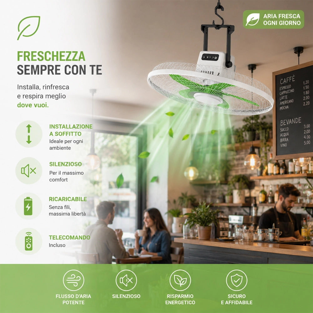 Ventilatore Ricaricabile 5 in 1 Telecomando da Parete Appoggio Piantana Soffitto
