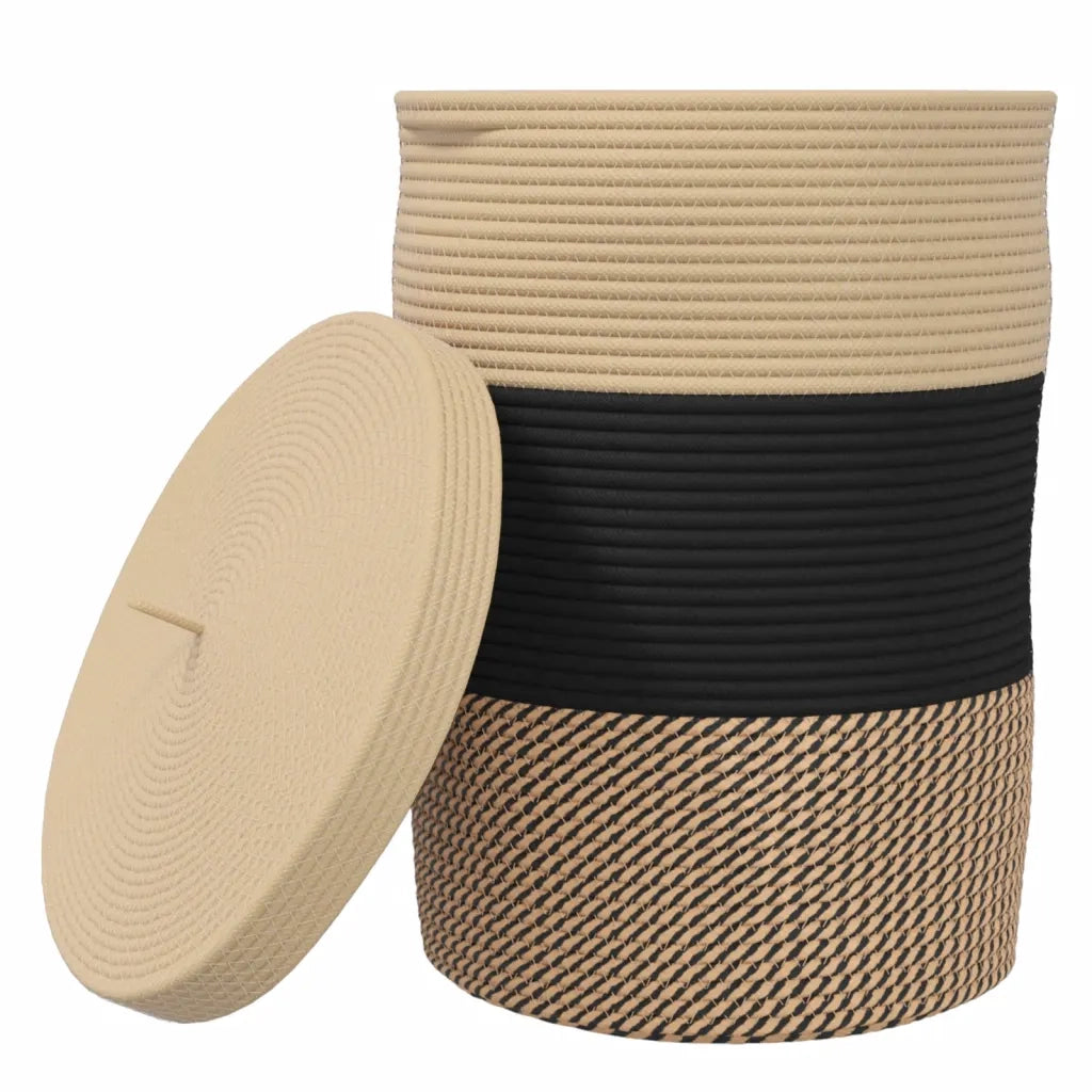 Cestino Portaoggetti con Coperchio Nero e Beige ?37x50cm Cotone CFW5361313