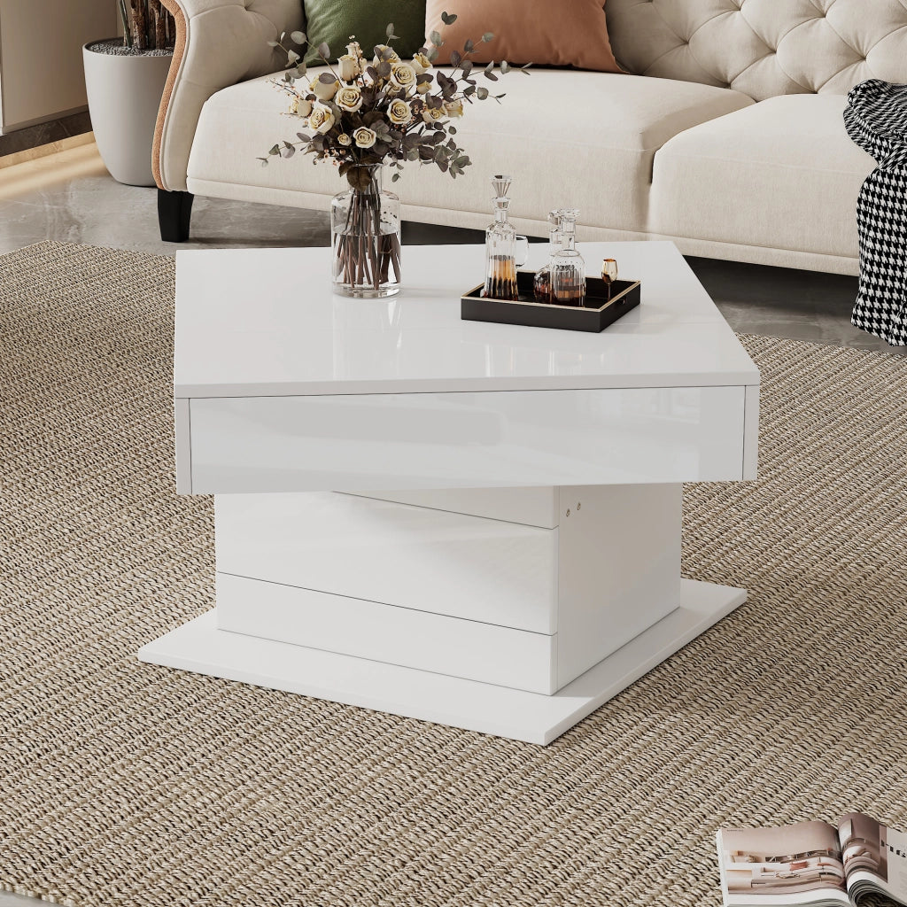 Tavolino da caffè 70x70x45 cm; piano ribaltabile e girevole 360°; pannello truciolare bianco