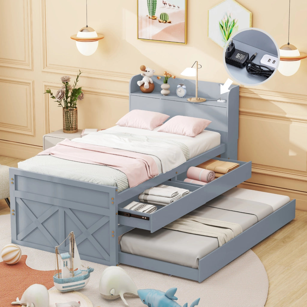 OKWISH Letto estraibile 90×190 cm, Letto Singolo con 2 Cassetti, USB e Comodino con Ripiano, senza Materasso, in Legno Massello, Grigio