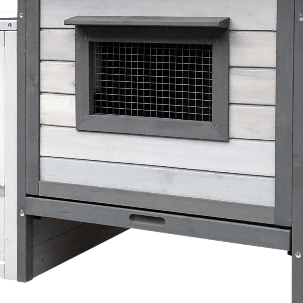 Conigliera in legno grigio chiaro 146x75x83cm con recinto e vassoio estraibile per la pulizia