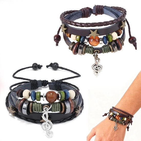 Set di bracciali intrecciati unisex per uomo e donna - Adattabile 19-26 cm - Nero pelle sintetica - Sieramenti rock con pendente musicale - Accessorio per uomo e donna