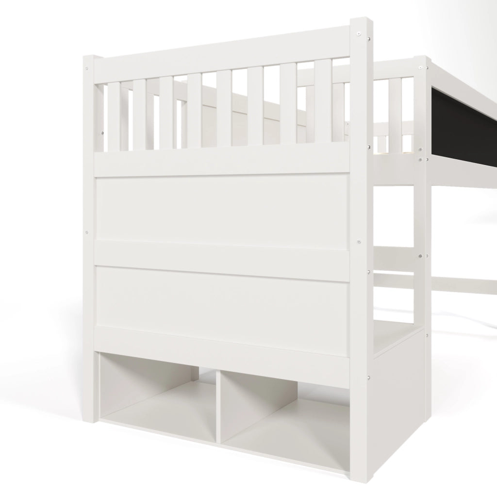 Letto a soppalco per bambini 90x200 cm in MDF e legno massiccio bianco con scala e lavagna