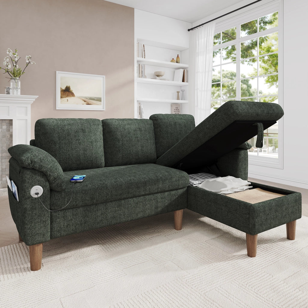 Divano angolare 3 posti con chaise longue contenitore e USB Type-C in ciniglia verde 181 × 125 × 88 cm