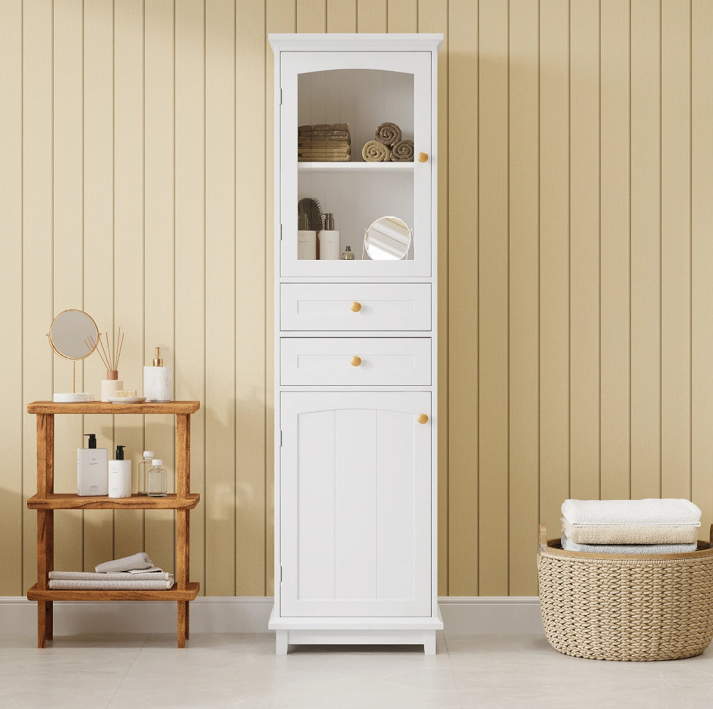 Mobile da bagno in MDF bianco con anta in vetro, 2 cassetti e ripiano regolabile