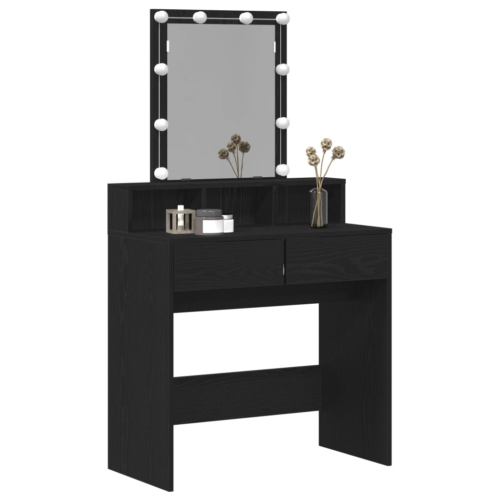 Tavolo da toeletta con specchio e luci LED in rovere nero legno ingegnerizzato