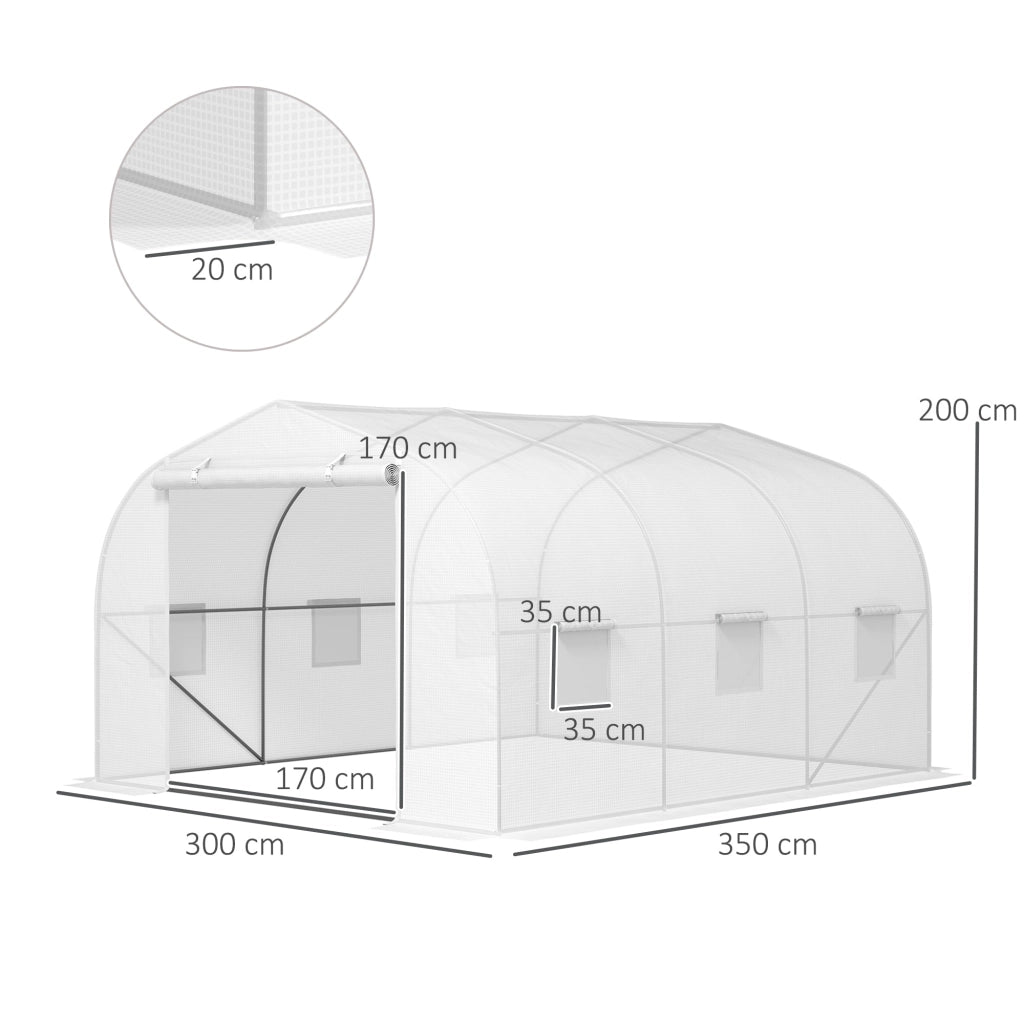 Serra a Tunnel da Giardino con 6 Finestre e Porta a Rullo 3,5x3x2 m in Acciaio e PE Bianco