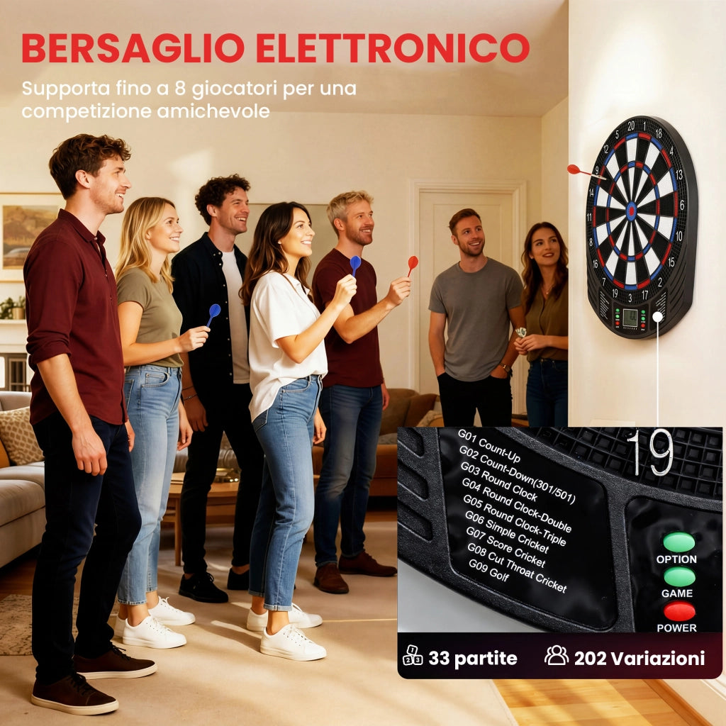 Bersaglio Elettronico 6 Freccette con Punta Morbida Display LCD per 8 Giocatori 18 Giochi e 159 Varianti