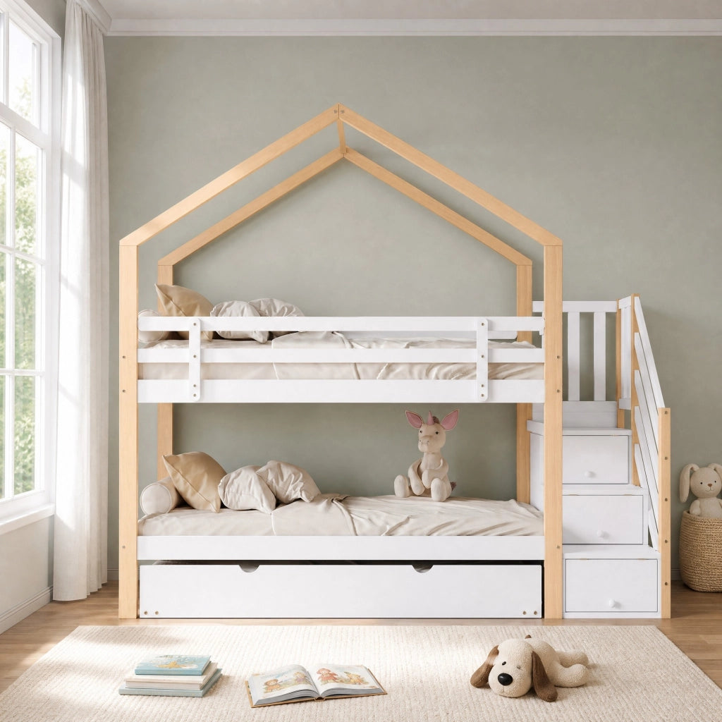 Letto a soppalco con letto estraibile, scala contenitore e sponde di sicurezza