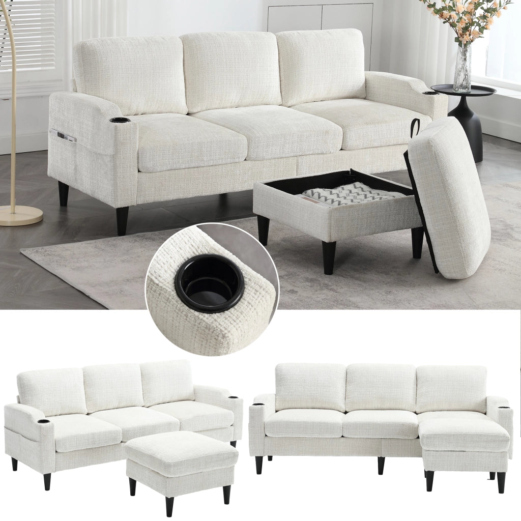 Divano Dritto 4 Posti con Pouf Contenitore; Portabicchieri e Tasche Laterali; Struttura Metallo Legno in Chenille Beige