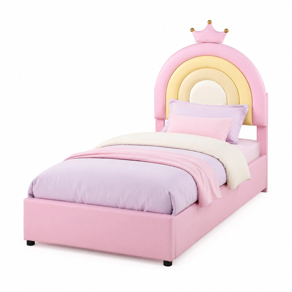 Letto imbottito singolo 90x200 cm in PU rosa; testiera regolabile e rete a doghe