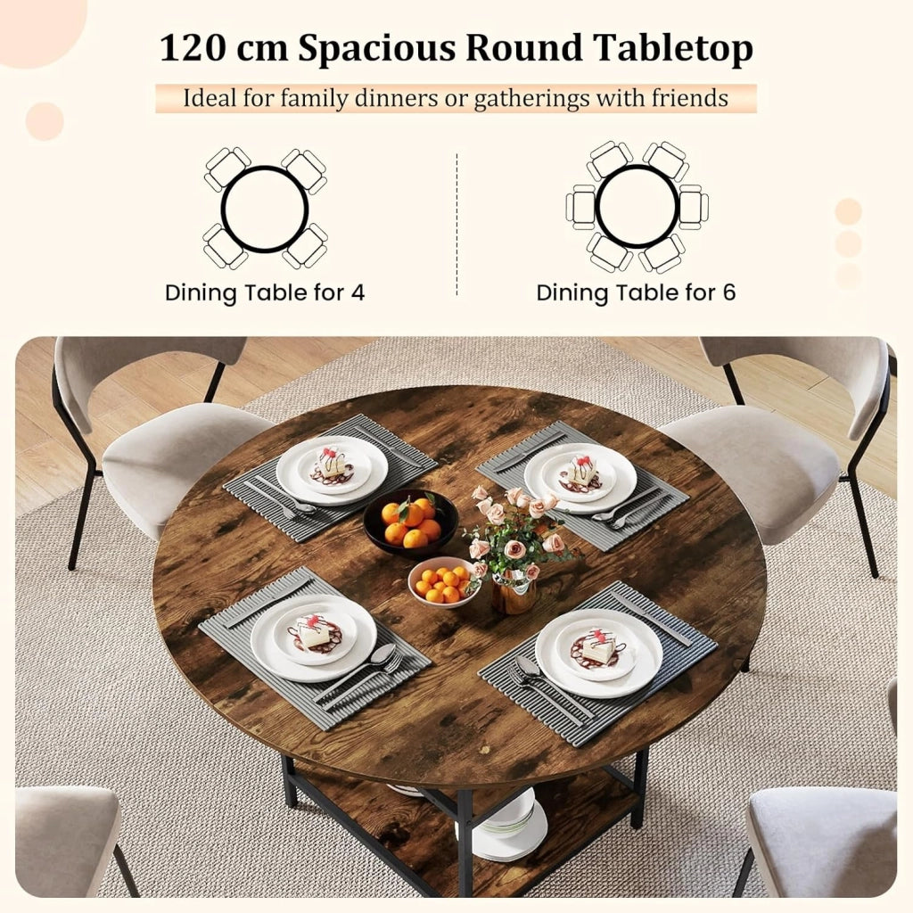 Tavolo da Pranzo Rotondo Ø 120 cm, adatto per 4-6 Persone, con 2 Ripiani, Piano Effetto Legno e Struttura in Metallo, Stile Industriale, Ideale per Cucina e Sala da Pranzo