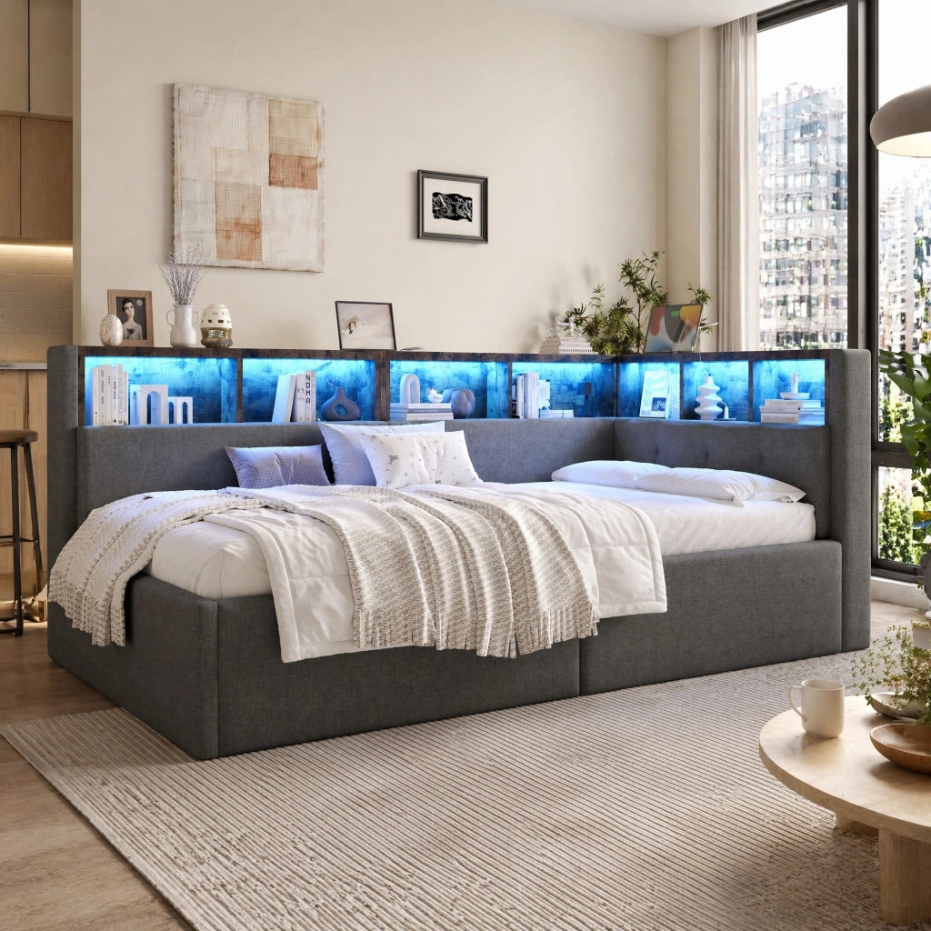 DESMIU Divano letto 90 × 200 cm 1 posto con USB, Type-C, LED regolabile, vano idraulico, senza materasso, grigio