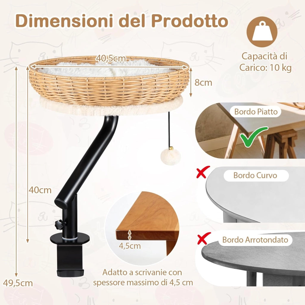 Letto per Gatti da Scrivania Girevole 360°, Cuccia per Gatti in Rattan PE con Cuscino in Peluche Rimovibile, Amaca con Morsetto per Spessore 1,5-4,5 cm, Cuccia Salvaspazio per Ufficio e Casa
