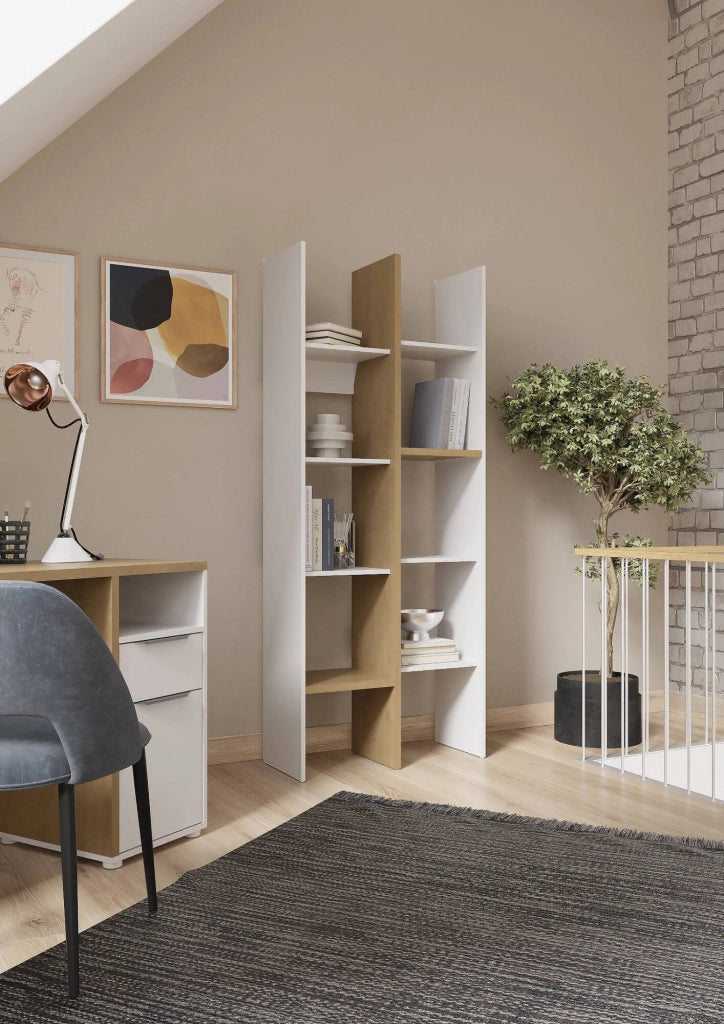Libreria Badia, Scaffale da ufficio, Mobile portalibri, Biblioteca, 76x33 h183 cm, Rovere e Bianco