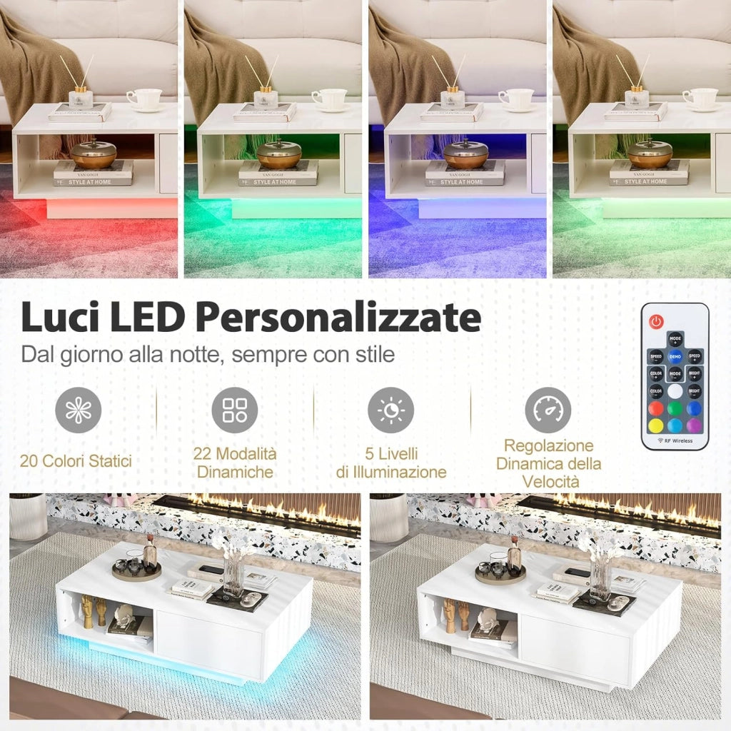 Tavolino da Salotto in Legno, Tavolino Moderno e Rettangolare con 20 Colori di Luci a LED, Telecomando, Cassetto e Ripiano Aperto, Tavolino per Studio e Ufficio (Bianco)