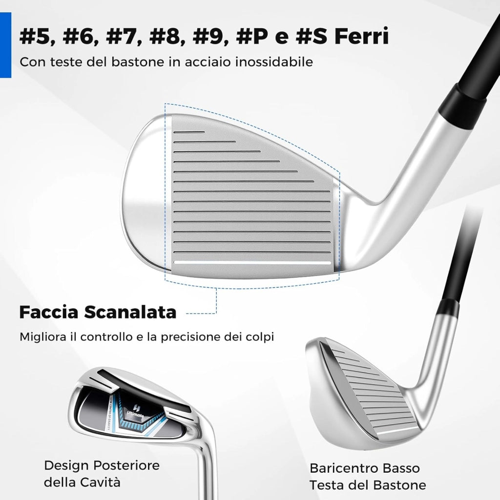 Set Completo di Mazze da Golf con Sacca a Treppiede, Include con Driver 1 da 460CC, Legno 3, Ibrido, Ferri 5, 6, 7, 8, 9, P, S, Putter e Copertura Antipioggia per Destrimani