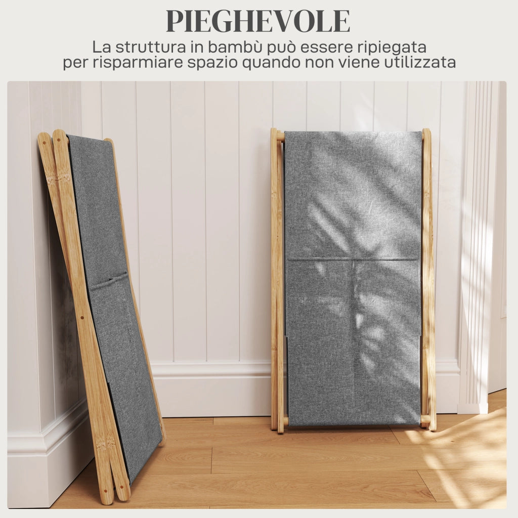 Cesto Portabiancheria Pieghevole 55L in Tessuto e Telaio in Bamb¨´, Legno e Grigio