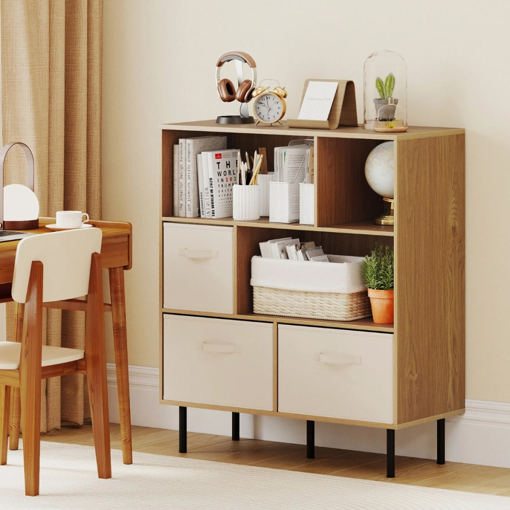 Libreria organizzatore autoportante gambe metallo soggiorno-Armadietto contenitore 6 cubi scaffale 3 livelli 3 cassetti tessuto Legno naturale