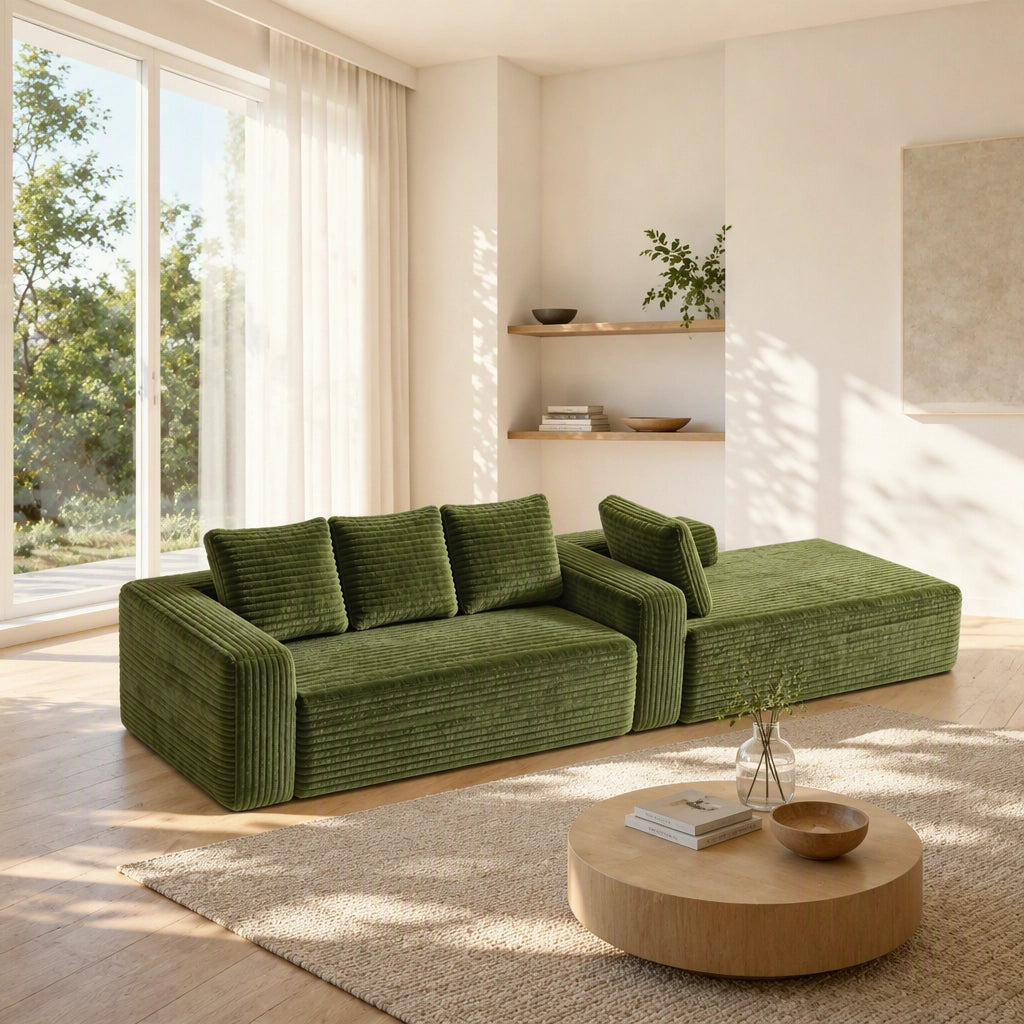 Divano angolare reversibile modulare con chaise longue e funzione senza montaggio in velluto a coste verde
