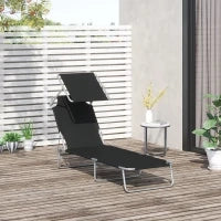 Lettino Prendisole da Giardino Pieghevole e Regolabile con Tettuccio in Tessuto Nero, 187x58x50 cm