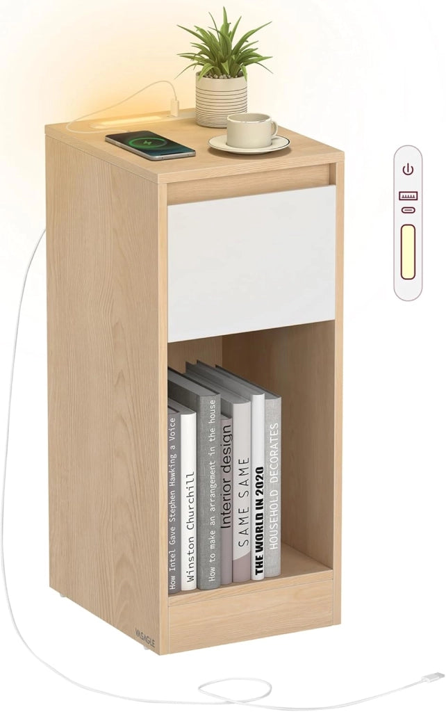 VASAGLE Comodino sottile con stazione di ricarica e luce LED, set di 2 tavolini laterali stretti, porte USB, cassetto e scomparto aperto, per camera da letto, soggiorno, bianco nuvola LET710W01