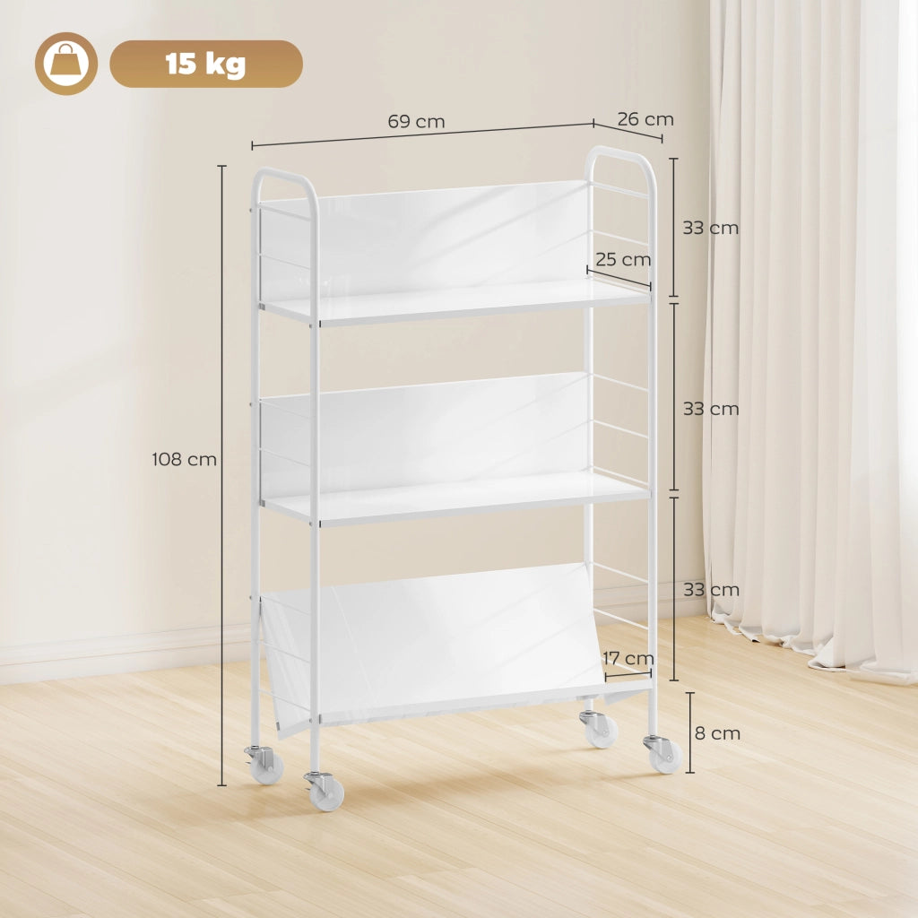 Libreria con 3 Ripiani e Ruote ¨C zephmum ¨C Bianco 69x26x108 cm