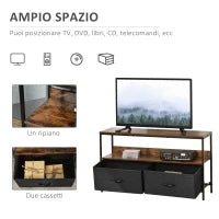 Mobile Porta TV da 47" con Cassetti Pieghevoli in Tessuto e Mensola, Mobiletto TV in Metallo e MDF, 98x29x56cm, Marrone Rustico