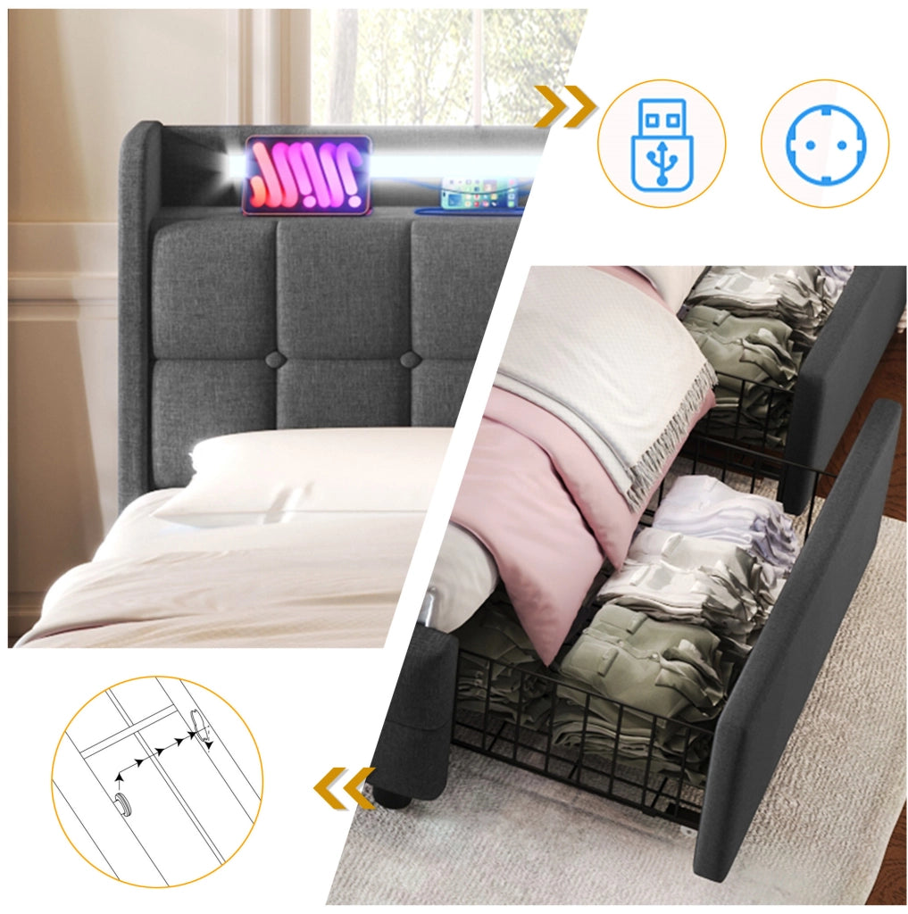 Letto singolo 90x200 con LED, USB, prese e 2 cassetti grigio