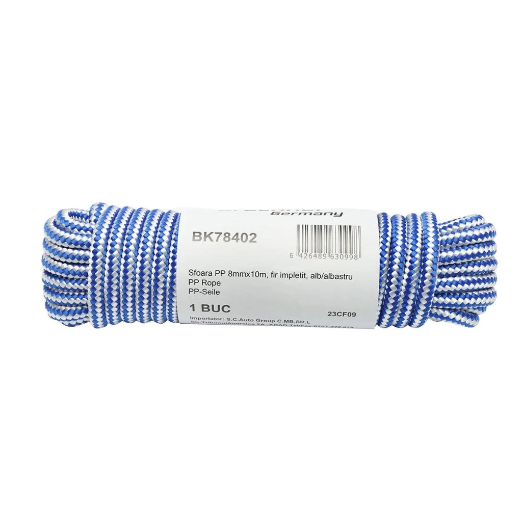 Corda PP intrecciata 8 mm x 10 m, bianca/blu, Corda multiuso in polipropilene Breckner Germany