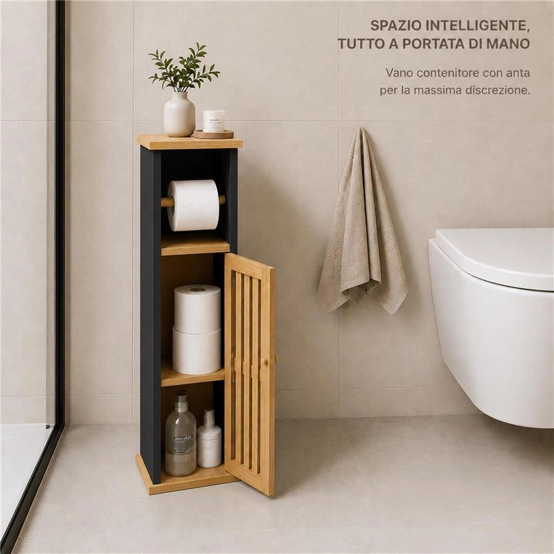 MOBILE PORTA CARTAIGENICA IN MDF NERO CON ANTA IN BAMBOO MISURE: 18X18X75 CM