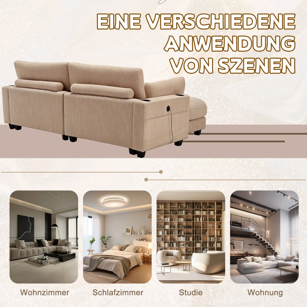 DIVANO Modulare 2 posti 224x140x81 cm tessuto corduroy kaki con 2 cuscini