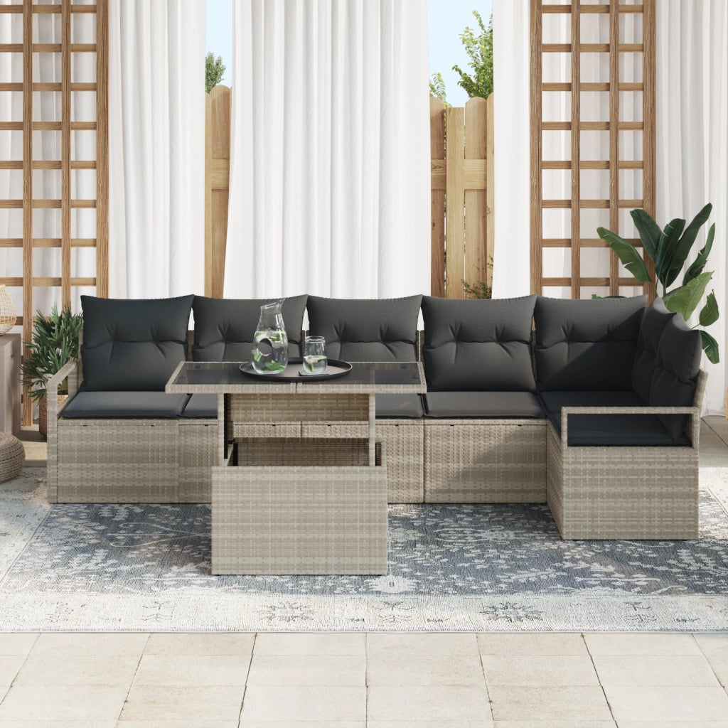 Set di Divano da Giardino  7 Pezzi con Cuscini Grigio Chiaro Rattan Poliestere