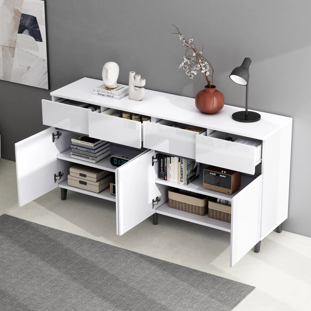Credenza bianca lucida 160 cm con 4 cassetti e ripiani regolabili