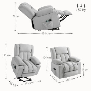 POLTRONA RELAX ELETTRICA CON ALZATA, MASSAGGIO E CALORE, VELLUTO GRIGIO CHIARO